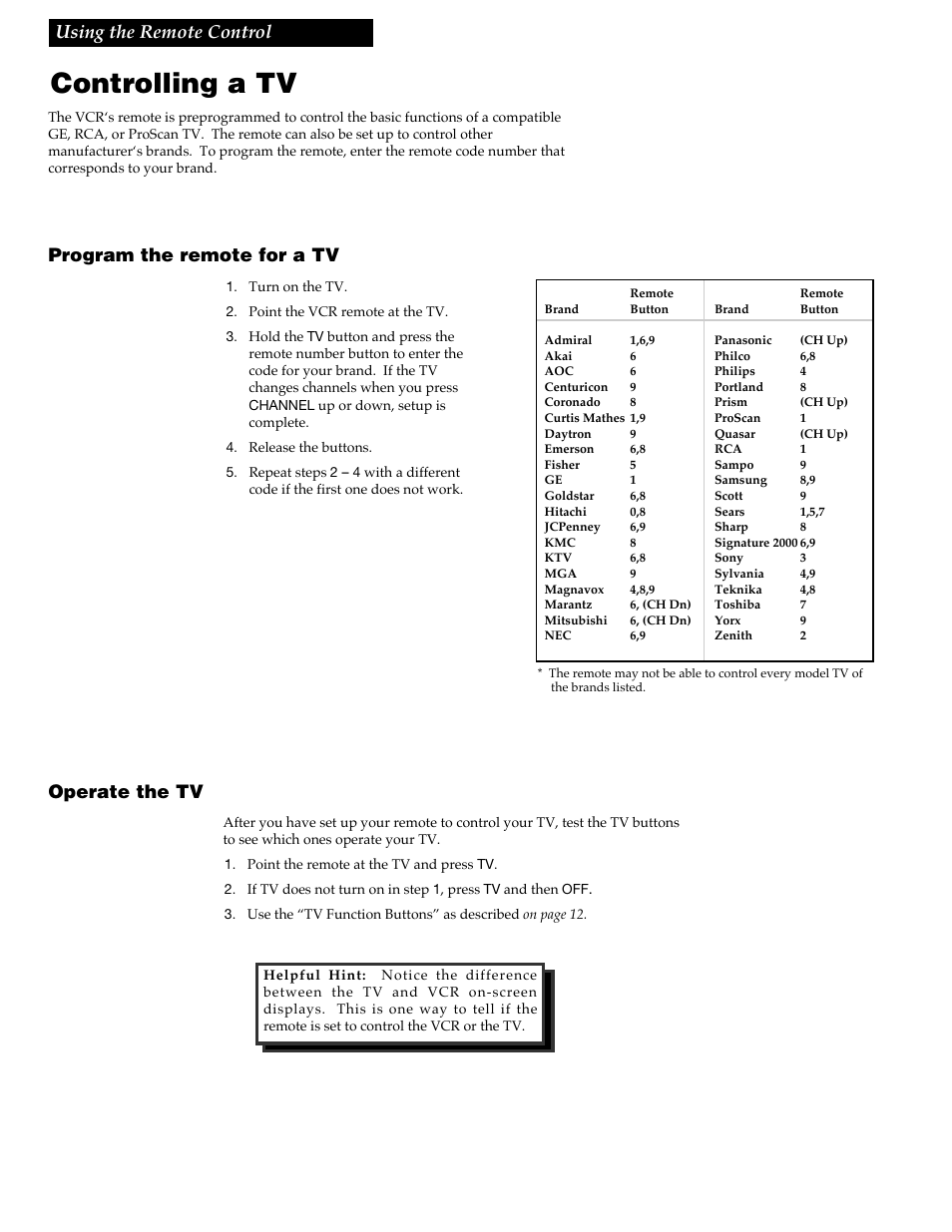 Controlling a tv, 14 using the remote control, Program the remote for a tv | Operate the tv | GE VG4258 User Manual | Page 16 / 44