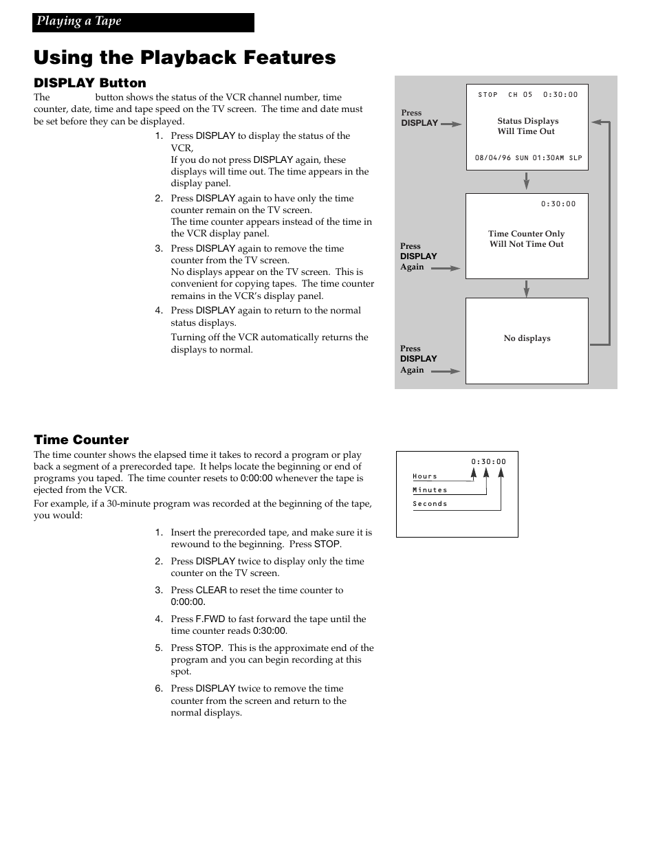 Using the playback features, 18 display button, Time counter | Playing a tape | GE VG4258 User Manual | Page 20 / 44