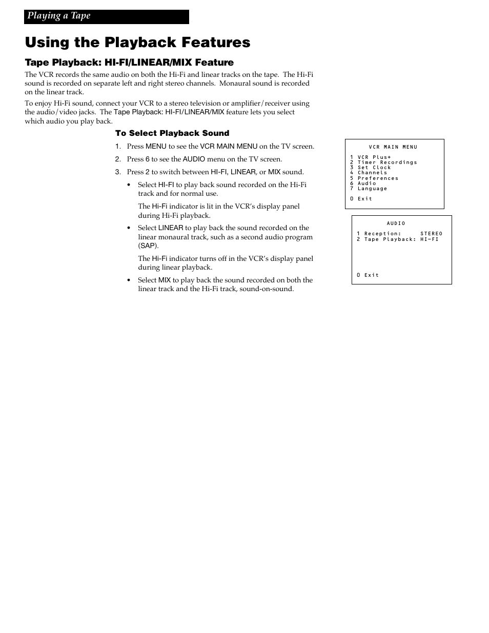 Using the playback features, 20 playing a tape, Tape playback: hi-fi/linear/mix feature | GE VG4258 User Manual | Page 22 / 44