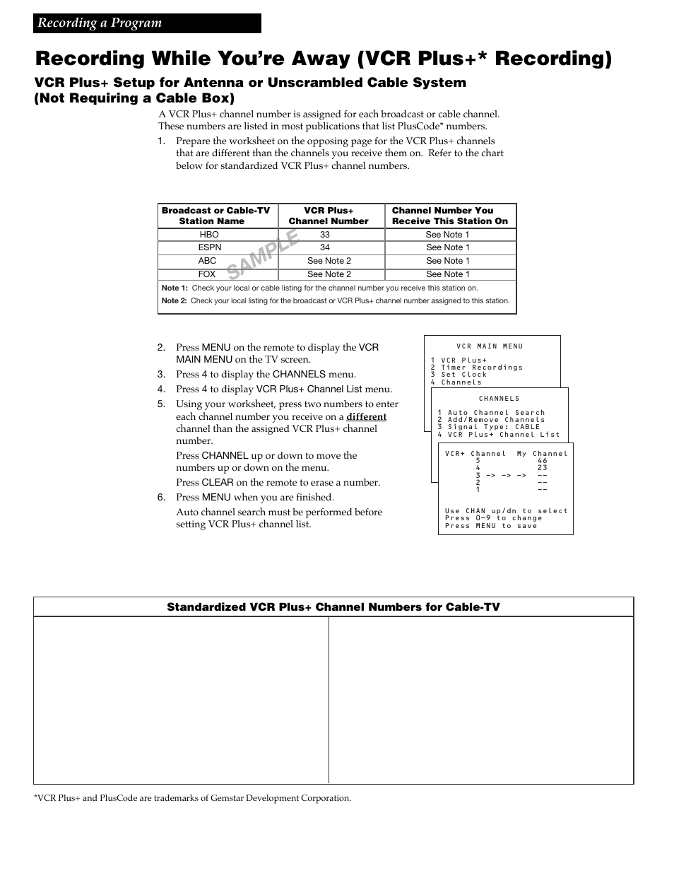Recording while you’re away (vcr plus+* recording), Sample, Recording a program | GE VG4258 User Manual | Page 24 / 44