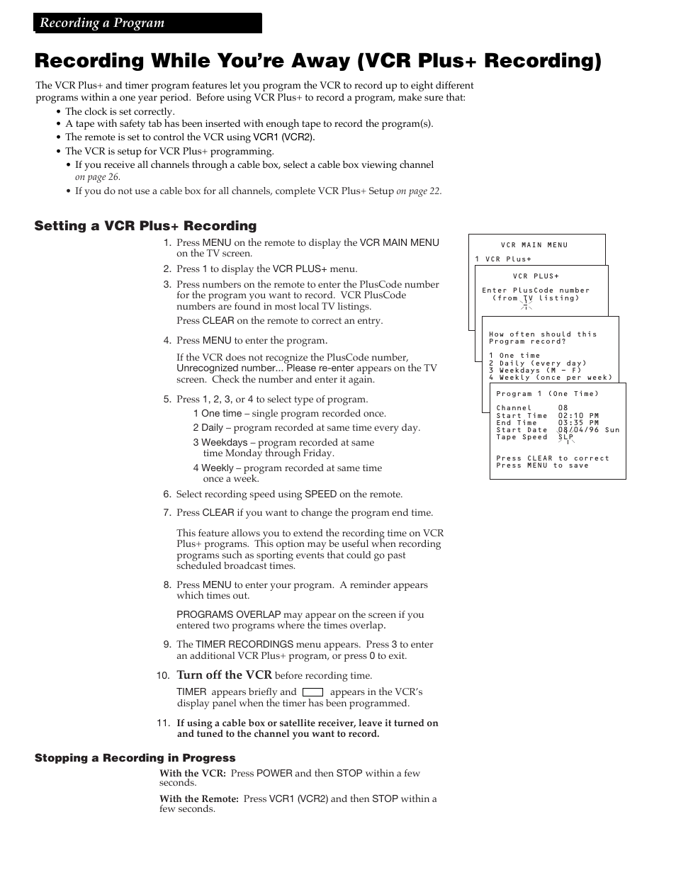 Recording while you’re away (vcr plus+ recording), Recording a program, Setting a vcr plus+ recording | GE VG4258 User Manual | Page 26 / 44