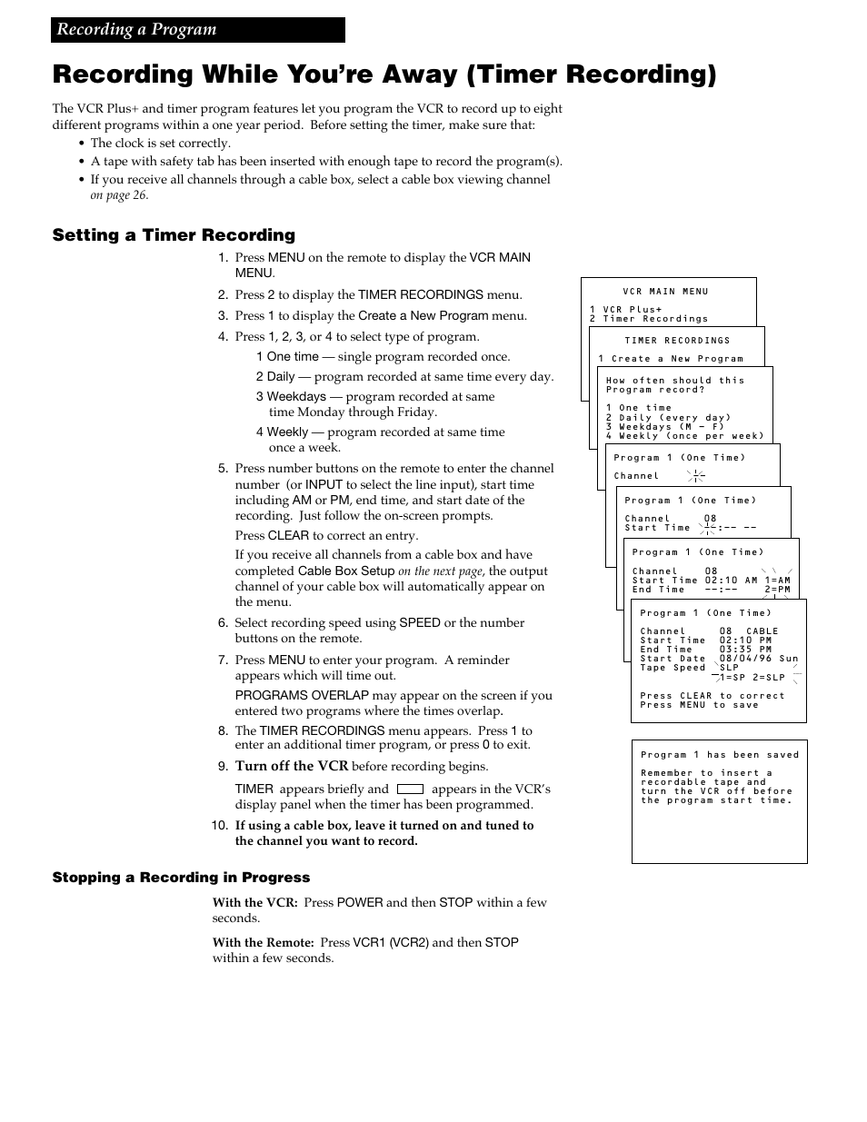 Recording while you’re away (timer recording), 25 recording a program, Setting a timer recording | GE VG4258 User Manual | Page 27 / 44