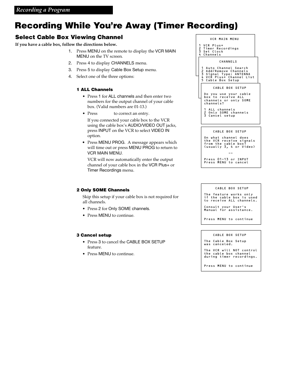 Recording while you’re away (timer recording), 26 recording a program, Select cable box viewing channel | GE VG4258 User Manual | Page 28 / 44