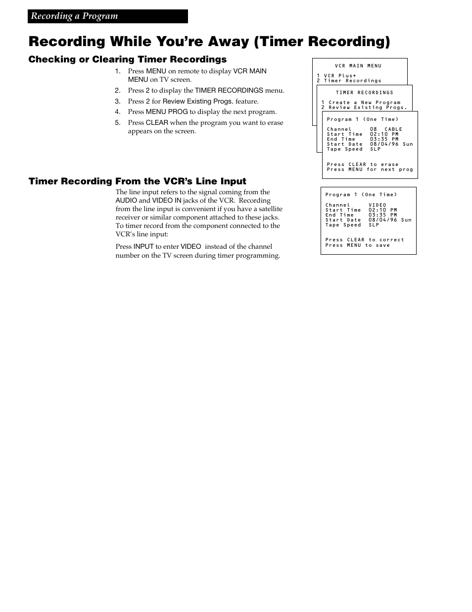 Recording while you’re away (timer recording), 27 recording a program, Checking or clearing timer recordings | Timer recording from the vcr’s line input | GE VG4258 User Manual | Page 29 / 44