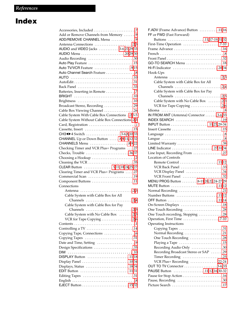 Index, 39 references | GE VG4258 User Manual | Page 41 / 44