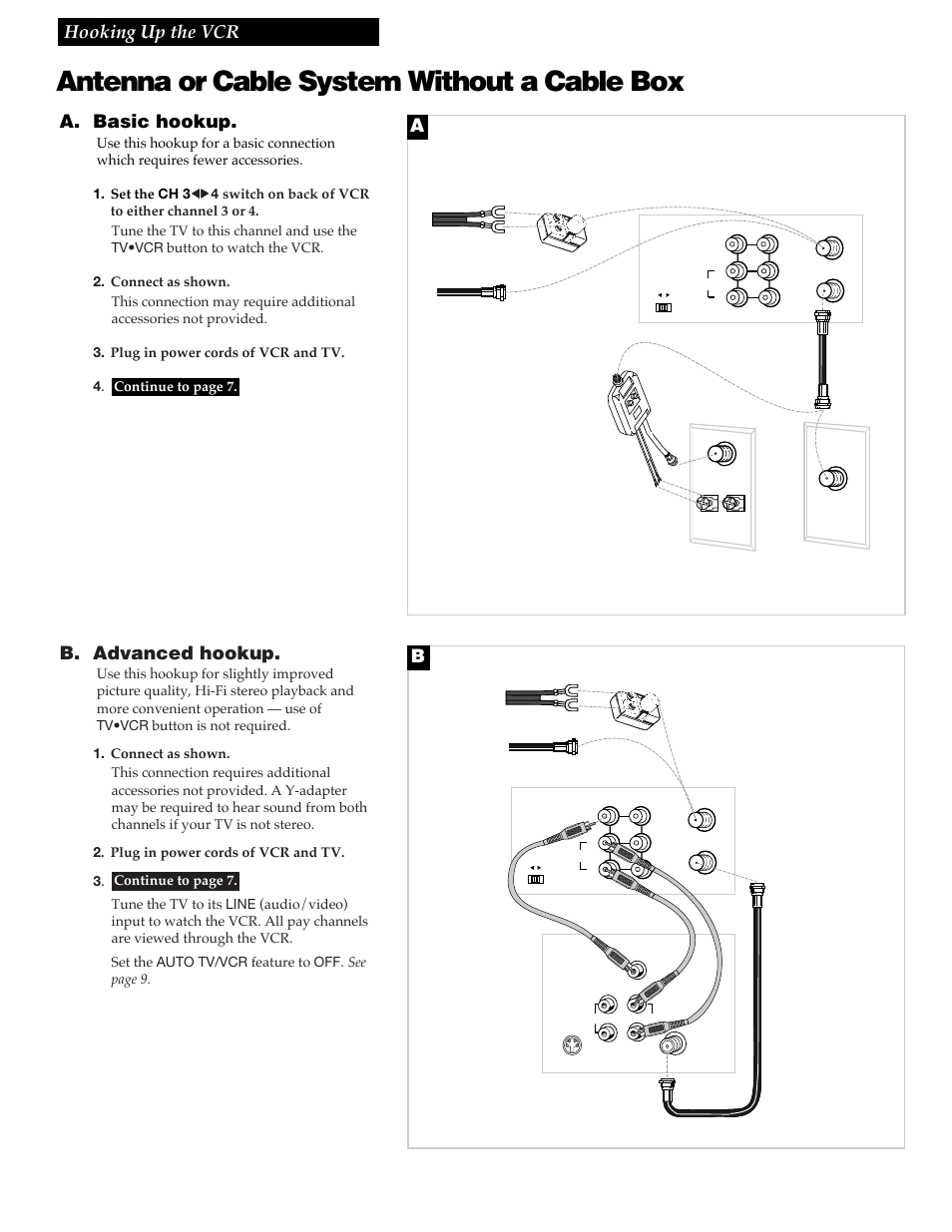 Antenna or cable system without a cable box, 3hooking up the vcr, A. basic hookup | B. advanced hookup | GE VG4258 User Manual | Page 5 / 44