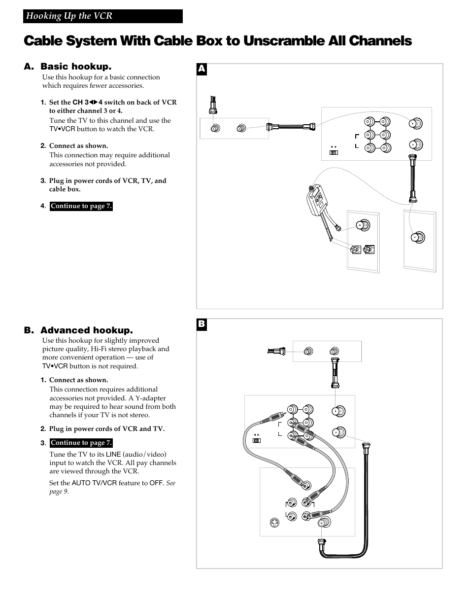 4hooking up the vcr, A. basic hookup, B. advanced hookup | GE VG4258 User Manual | Page 6 / 44