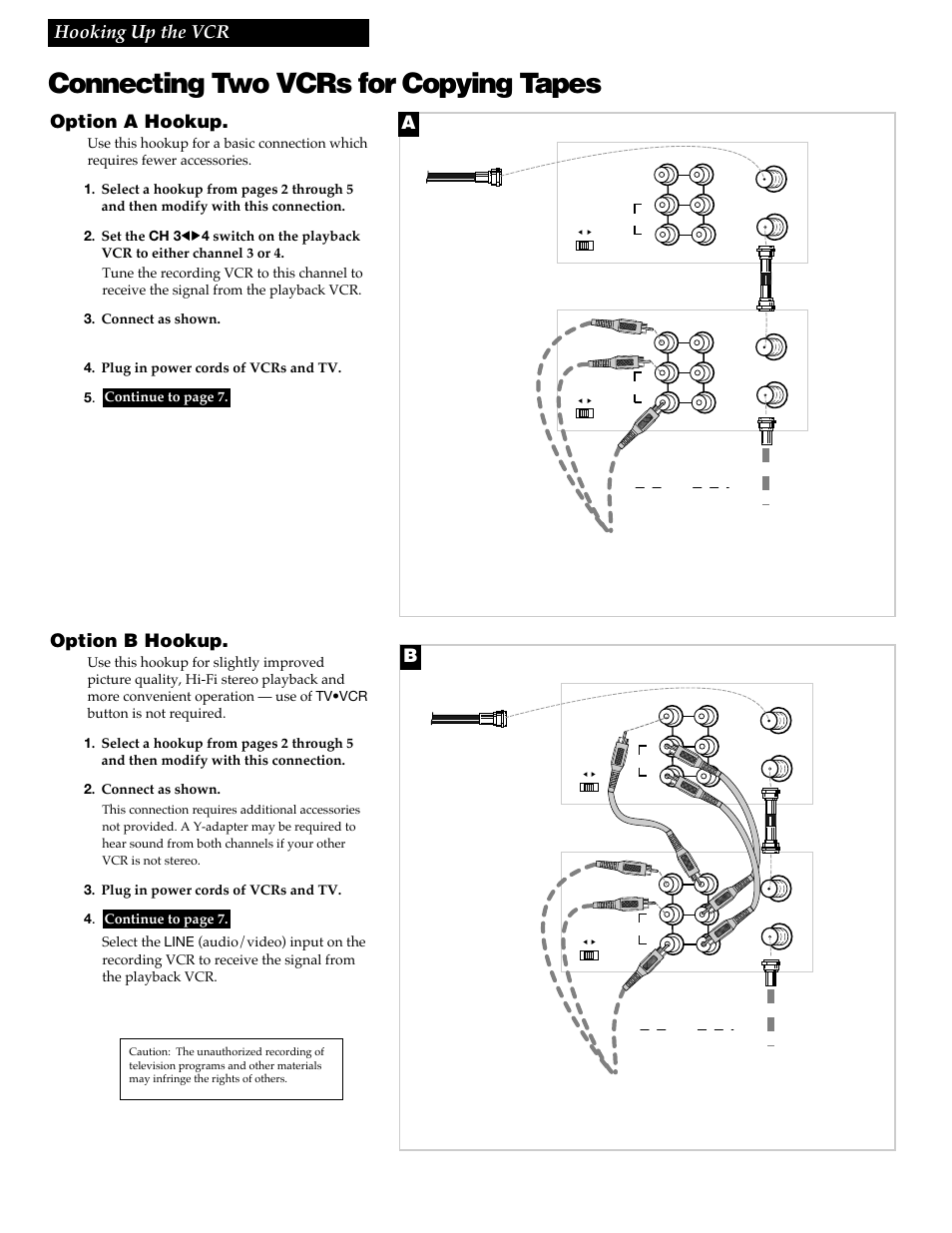 Connecting two vcrs for copying tapes, 6hooking up the vcr, Option a hookup | Option b hookup, Playback vcr, Recording vcr | GE VG4258 User Manual | Page 8 / 44