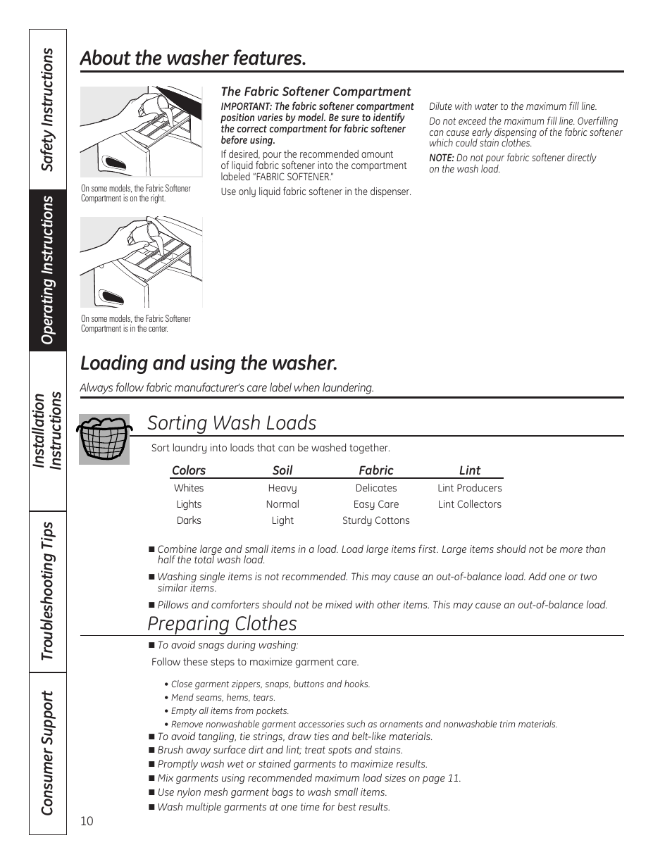 Loading and using the washer, Sorting wash loads preparing clothes, About the washer features | GE WBVH5300 User Manual | Page 10 / 52