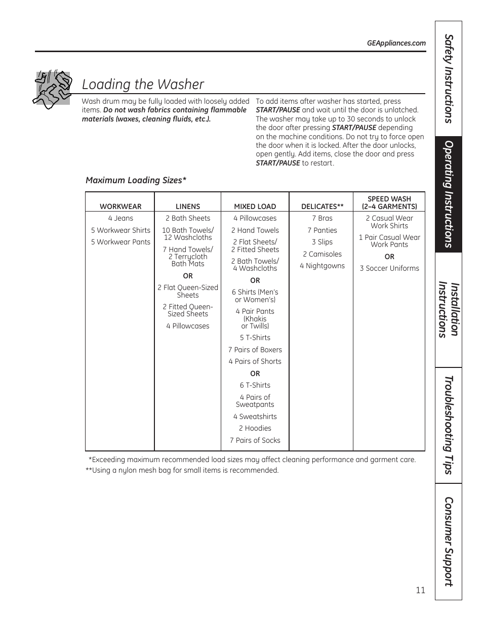 Loading the washer | GE WBVH5300 User Manual | Page 11 / 52