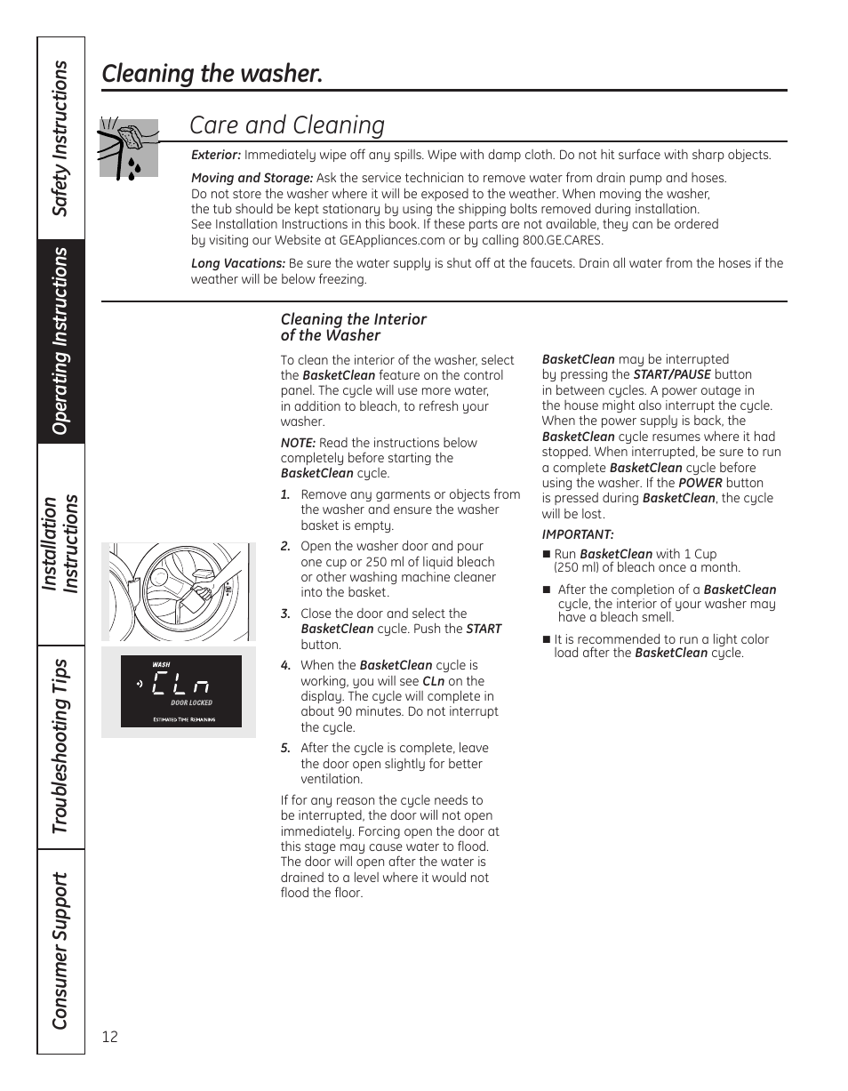 Cleaning the washer, Care and cleaning | GE WBVH5300 User Manual | Page 12 / 52