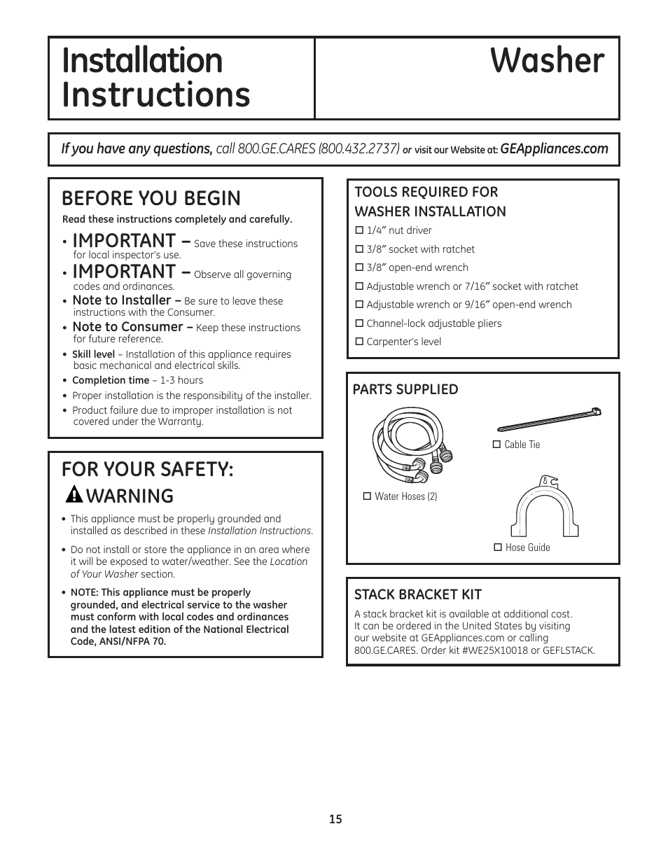 Installation instructions, Preparing to install your washer, Installation washer instructions | Before you begin, For your safety, Important, Warning | GE WBVH5300 User Manual | Page 15 / 52