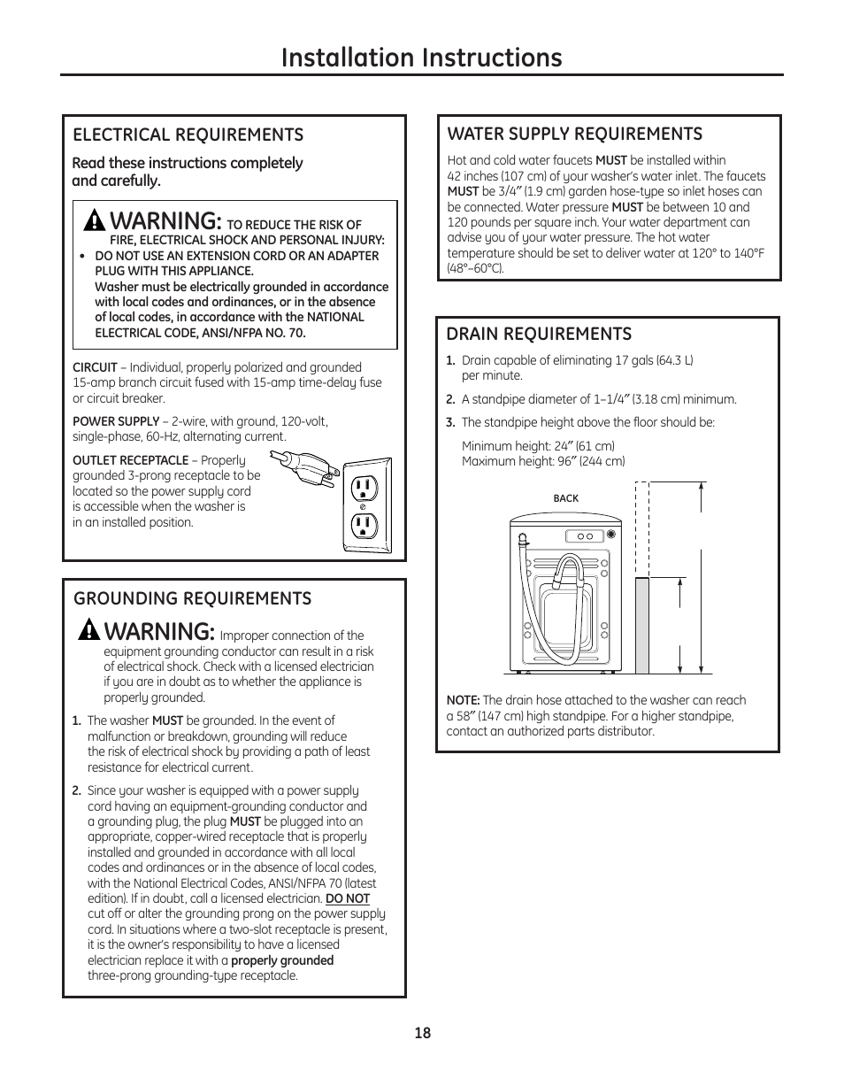 Drain requirements, Electrical requirements, Water supply requirements | Installation instructions, Warning, Grounding requirements water supply requirements | GE WBVH5300 User Manual | Page 18 / 52