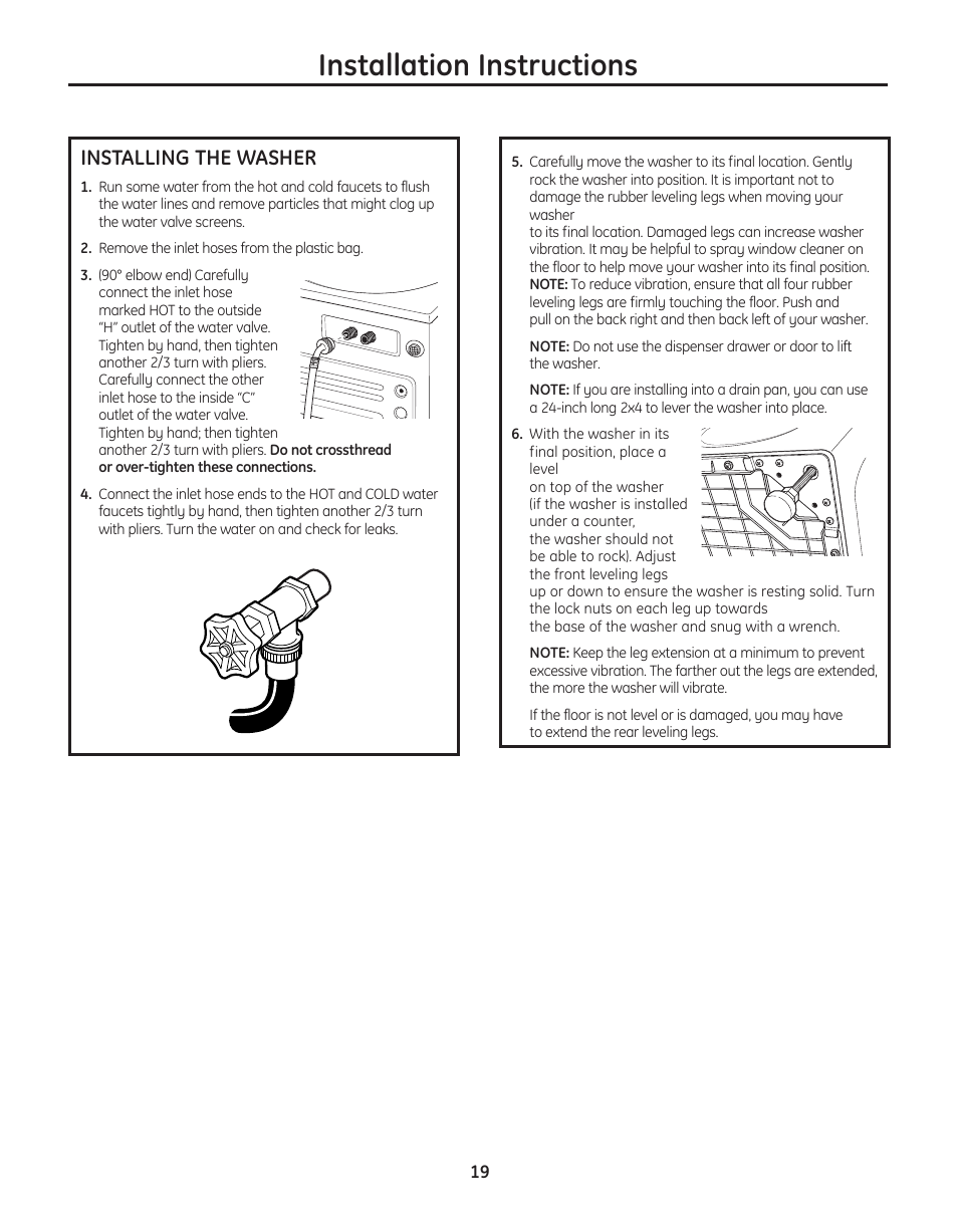 Installing the washer, Installation instructions | GE WBVH5300 User Manual | Page 19 / 52
