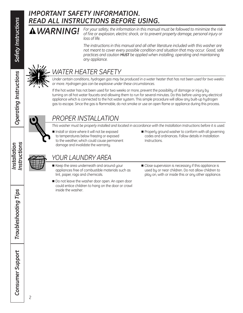 Safety instructions, Warning, Water heater safety | Proper installation, Your laundry area | GE WBVH5300 User Manual | Page 2 / 52