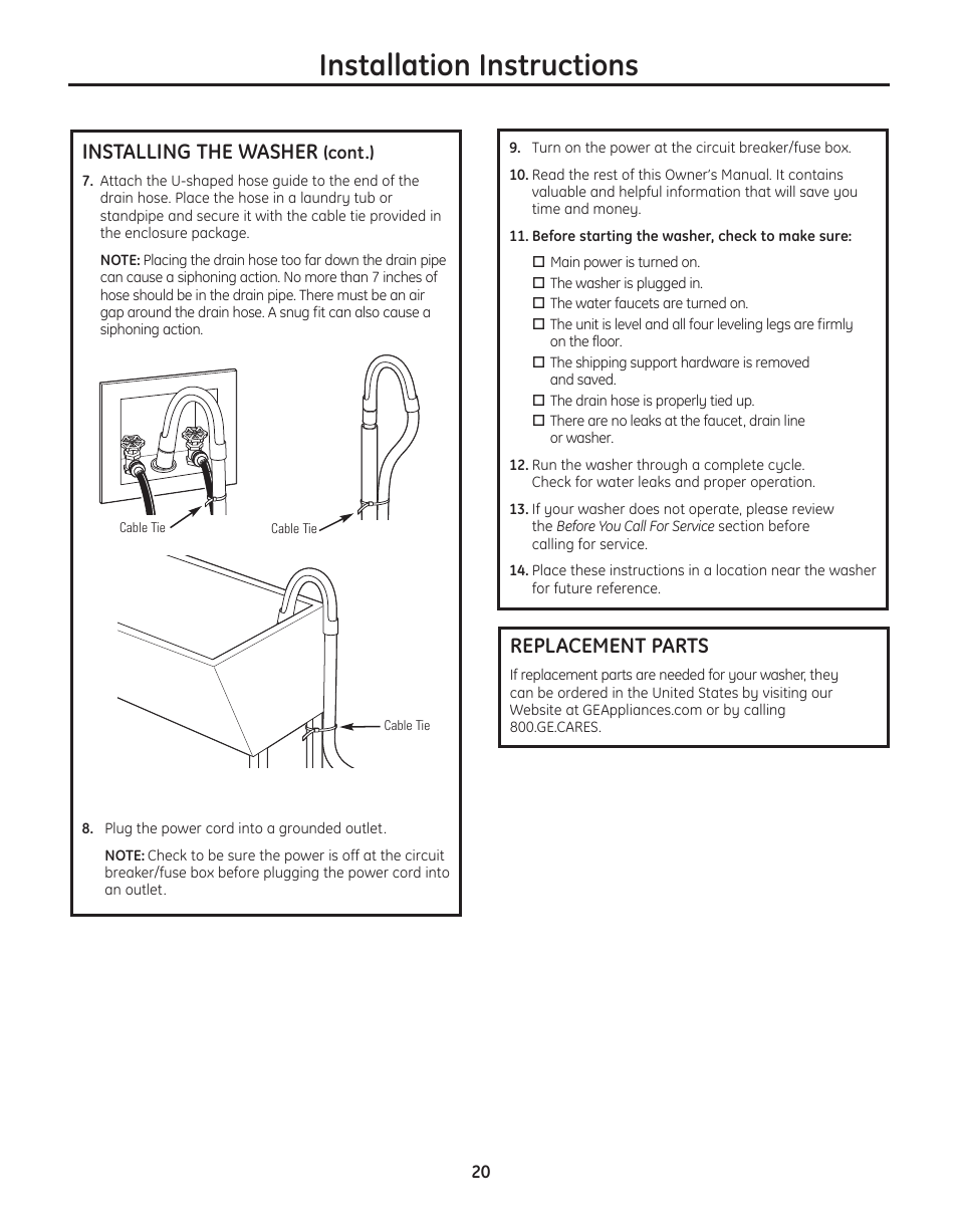 Replacement parts, Installation instructions, Installing the washer | GE WBVH5300 User Manual | Page 20 / 52