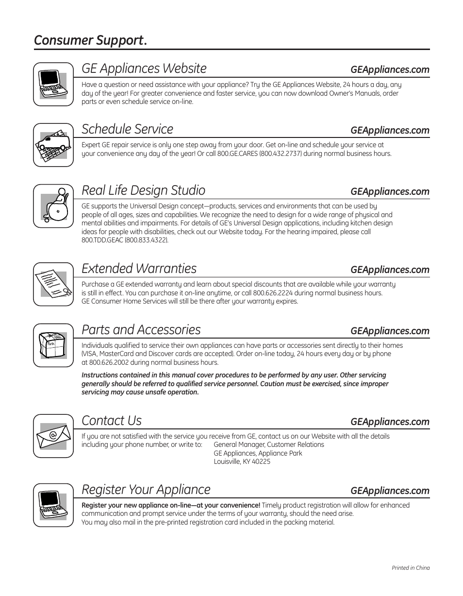 Service telephone numbers, Consumer support. ge appliances website, Schedule service | Real life design studio, Extended warranties, Parts and accessories, Contact us, Register your appliance | GE WBVH5300 User Manual | Page 26 / 52