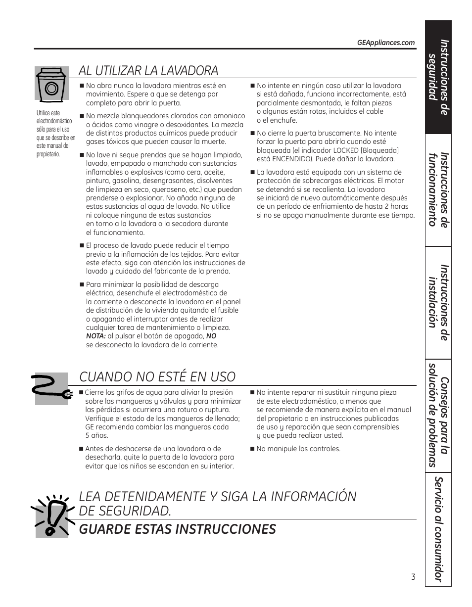 Al utilizar la lavadora, Cuando no esté en uso guarde estas instrucciones | GE WBVH5300 User Manual | Page 29 / 52