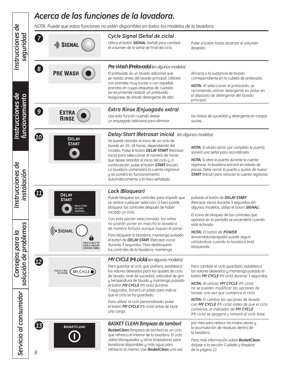 Acerca de las funciones de la lavadora | GE WBVH5300 User Manual | Page 34 / 52