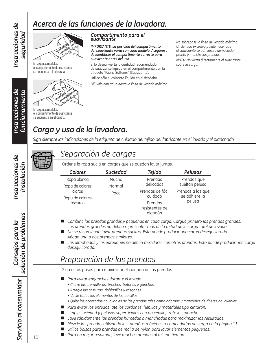 Carga y uso de la lavadora, Separación de cargas, Acerca de las funciones de la lavadora | Preparación de las prendas | GE WBVH5300 User Manual | Page 36 / 52