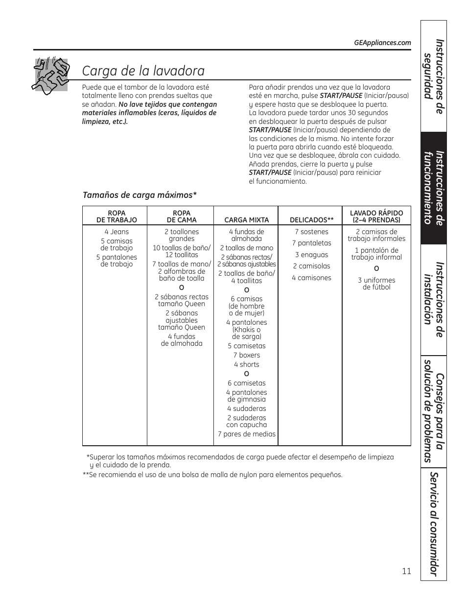 Carga de la lavadora | GE WBVH5300 User Manual | Page 37 / 52