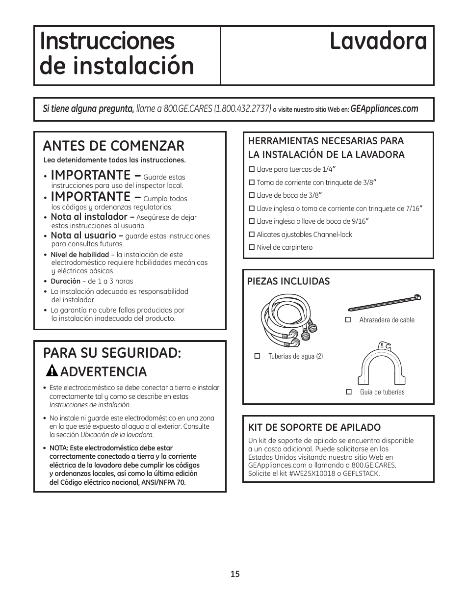 Instrucciones, De instalación, Preparación para la instalación de la lavadora | Instrucciones lavadora de instalación, Antes de comenzar, Para su seguridad, Importante, Advertencia | GE WBVH5300 User Manual | Page 41 / 52