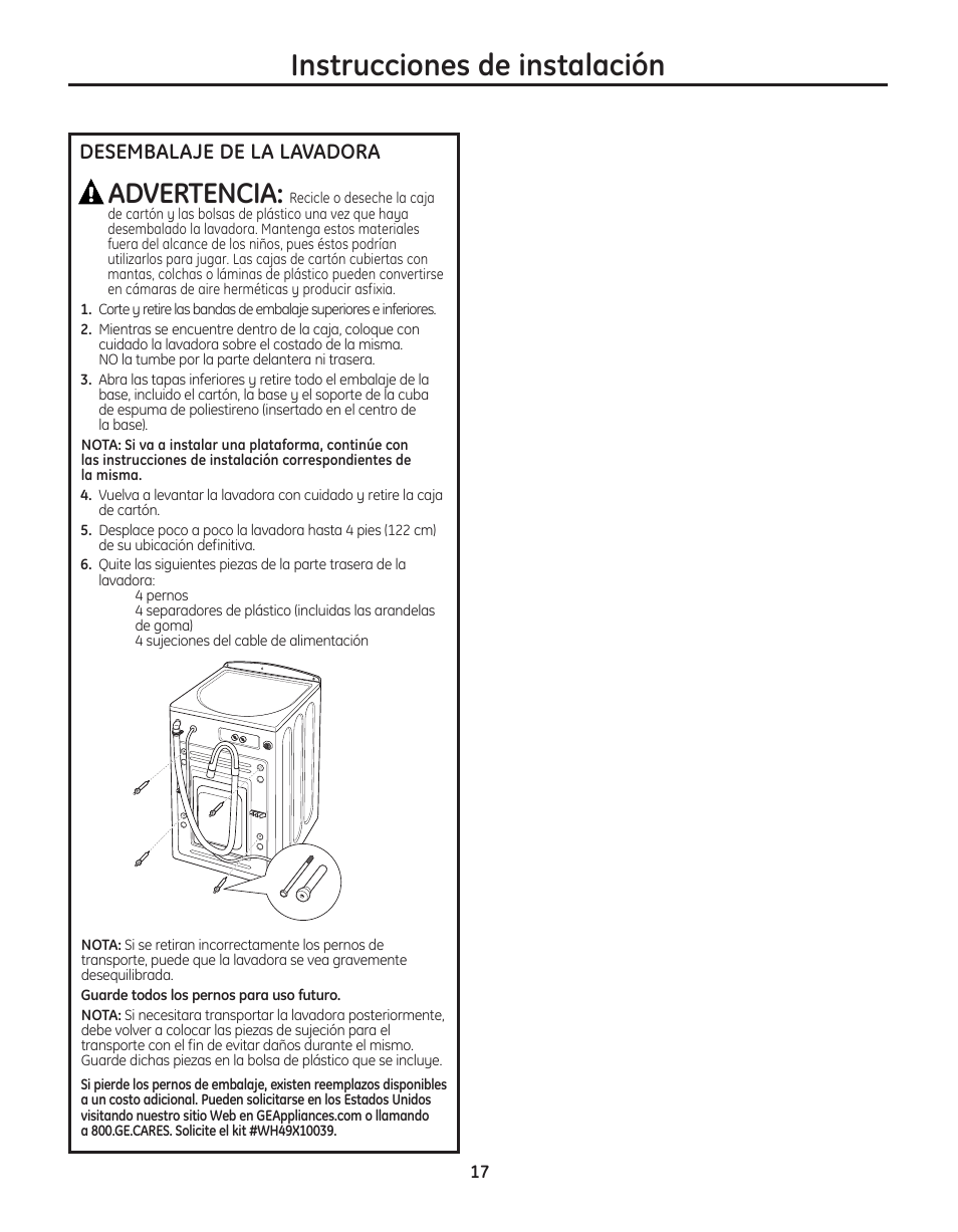 Desembalaje de la lavadora, Instrucciones de instalación, Advertencia | GE WBVH5300 User Manual | Page 43 / 52