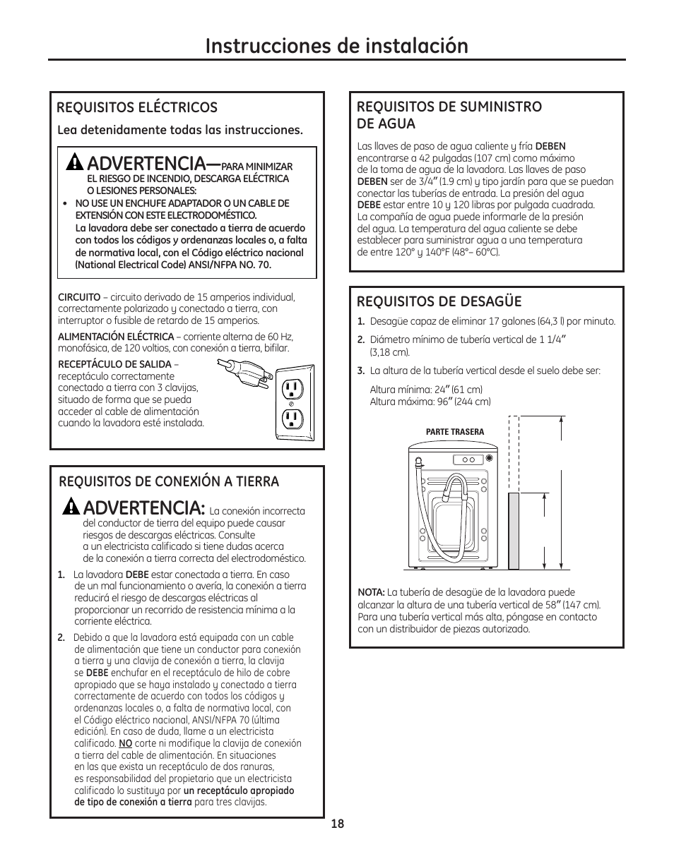 Requisitos de desagüe, Requisitos de suministro de agua, Requisitos eléctricos | Instrucciones de instalación, Advertencia | GE WBVH5300 User Manual | Page 44 / 52