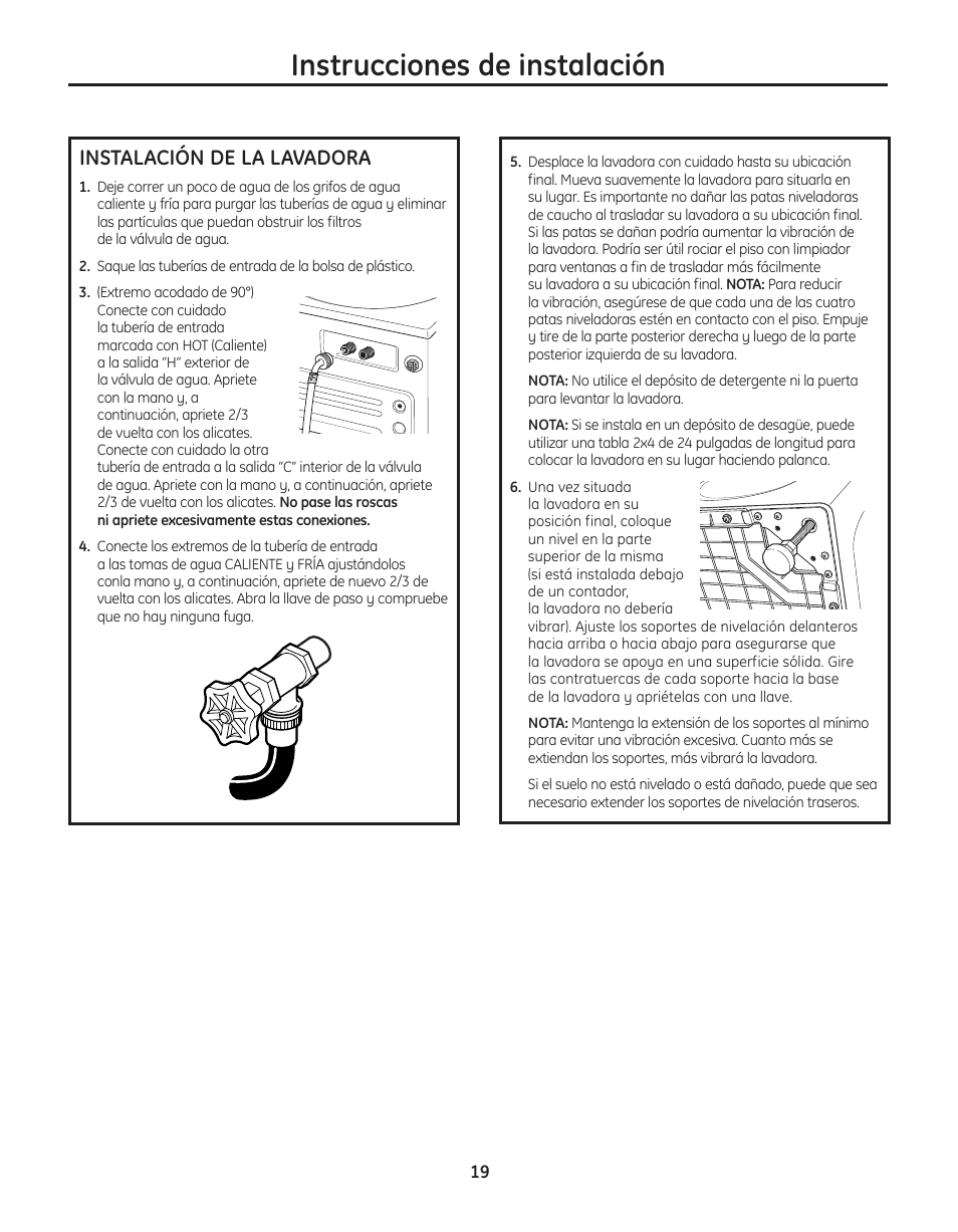 Instalación de la lavadora, Instrucciones de instalación | GE WBVH5300 User Manual | Page 45 / 52