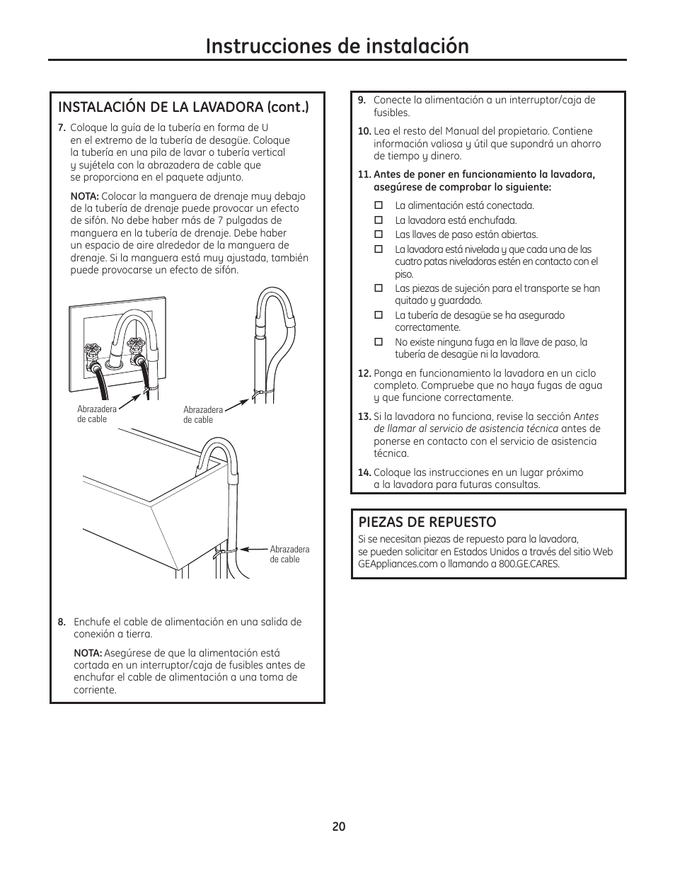 Piezas de repuesto, Instrucciones de instalación, Instalación de la lavadora (cont.) | GE WBVH5300 User Manual | Page 46 / 52