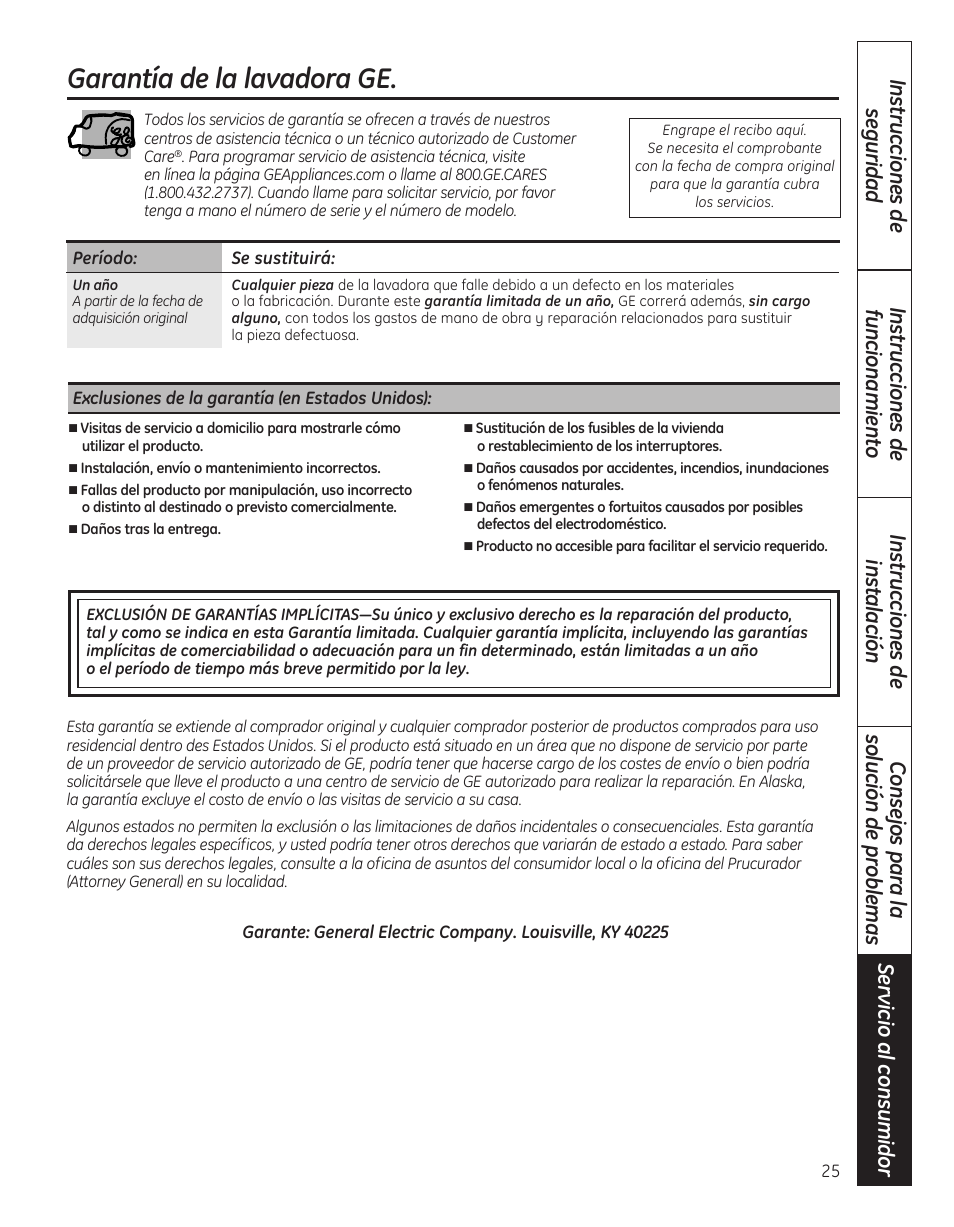 Atención al cliente, Garantía (ee.uu.), Garantía de la lavadora ge | GE WBVH5300 User Manual | Page 51 / 52