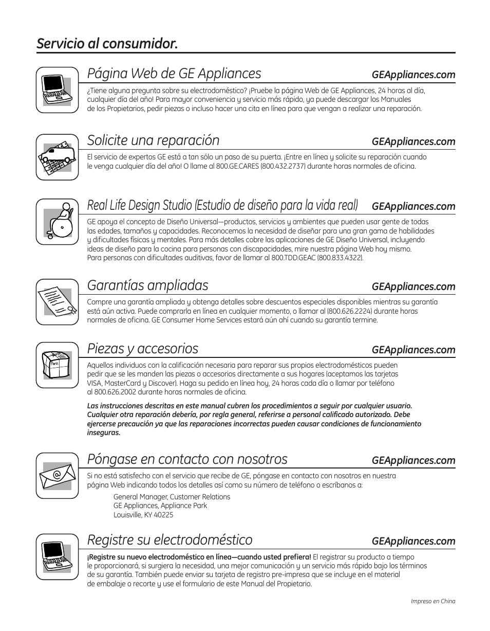 Servicio al consumidor, Solicite una reparación, Garantías ampliadas | Piezas y accesorios, Póngase en contacto con nosotros, Registre su electrodoméstico | GE WBVH5300 User Manual | Page 52 / 52