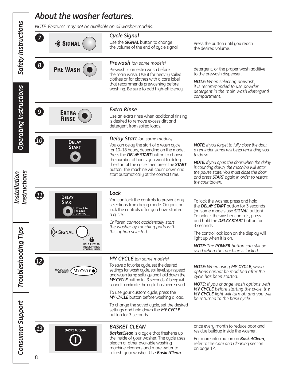 Features, About the washer features | GE WBVH5300 User Manual | Page 8 / 52