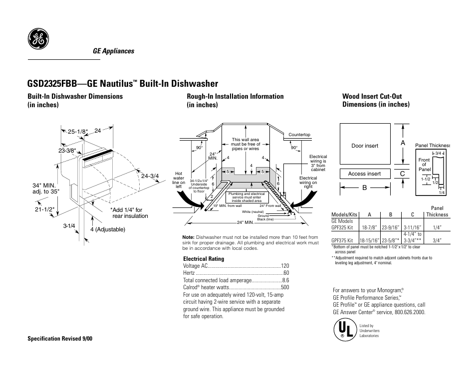 GE Nautilus GSD2335FWW User Manual | 2 pages