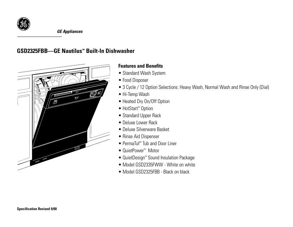 Gsd2325fbb—ge nautilus, Built-in dishwasher | GE Nautilus GSD2335FWW User Manual | Page 2 / 2