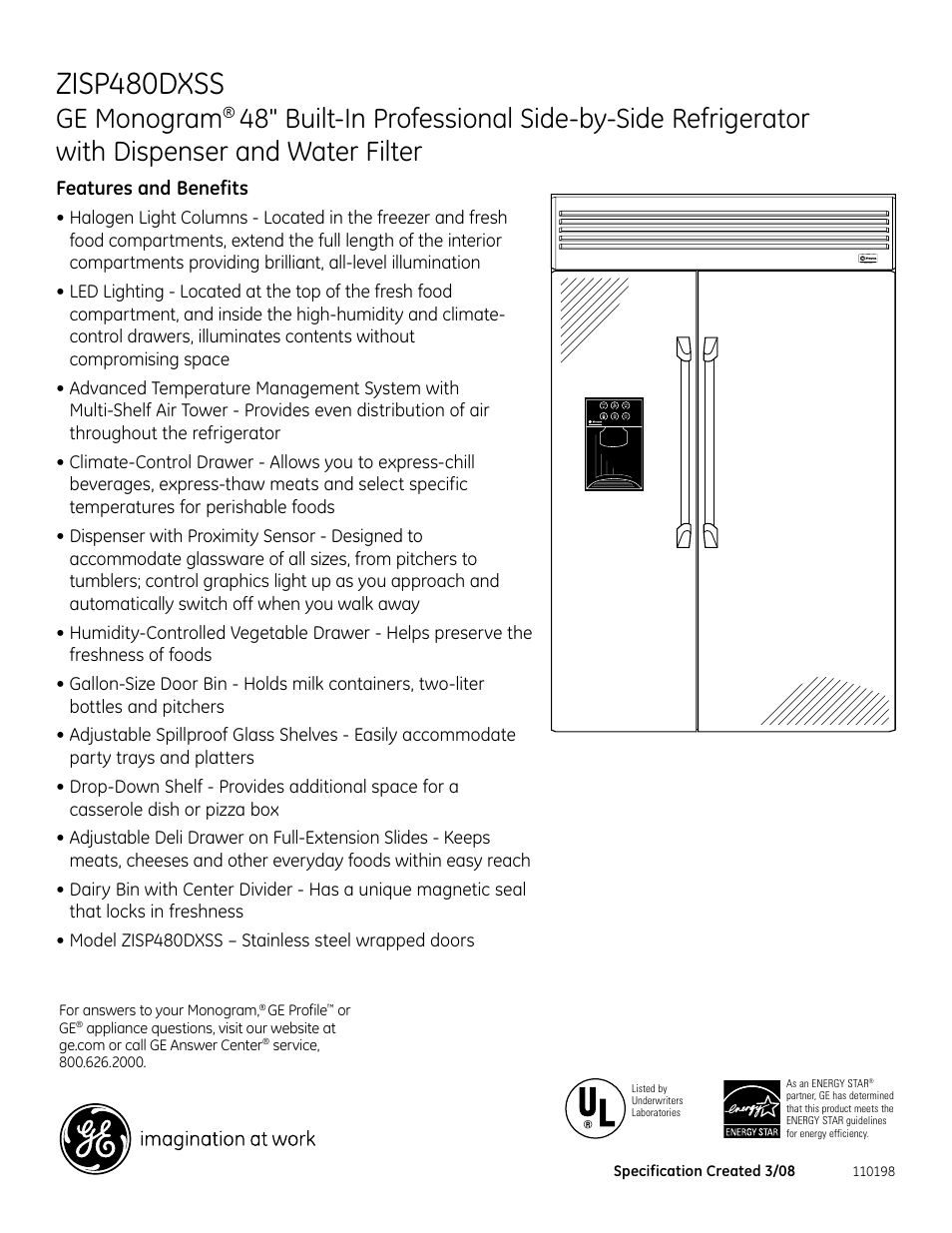 Zisp480dxss, Ge monogram, Features and benefits | GE MONOGRAM ZISP480DXSS User Manual | Page 2 / 2