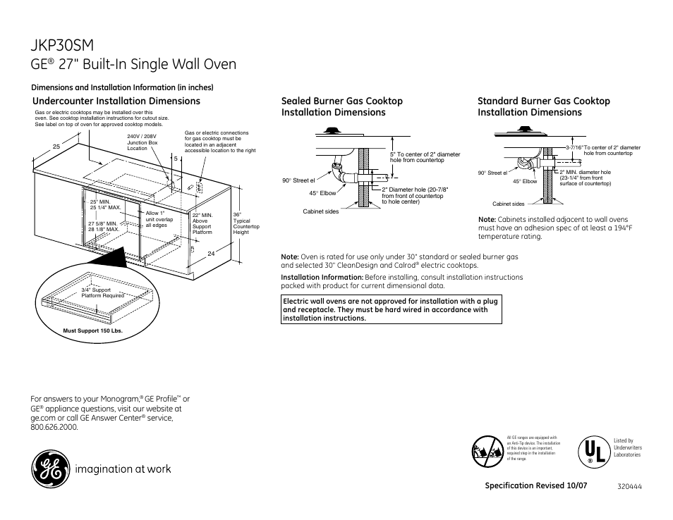 Jkp30sm, 27" built-in single wall oven | GE JKP30SM User Manual | Page 2 / 3