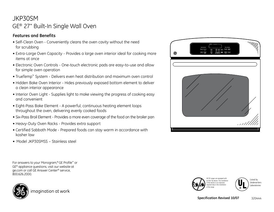 Jkp30sm, 27" built-in single wall oven | GE JKP30SM User Manual | Page 3 / 3