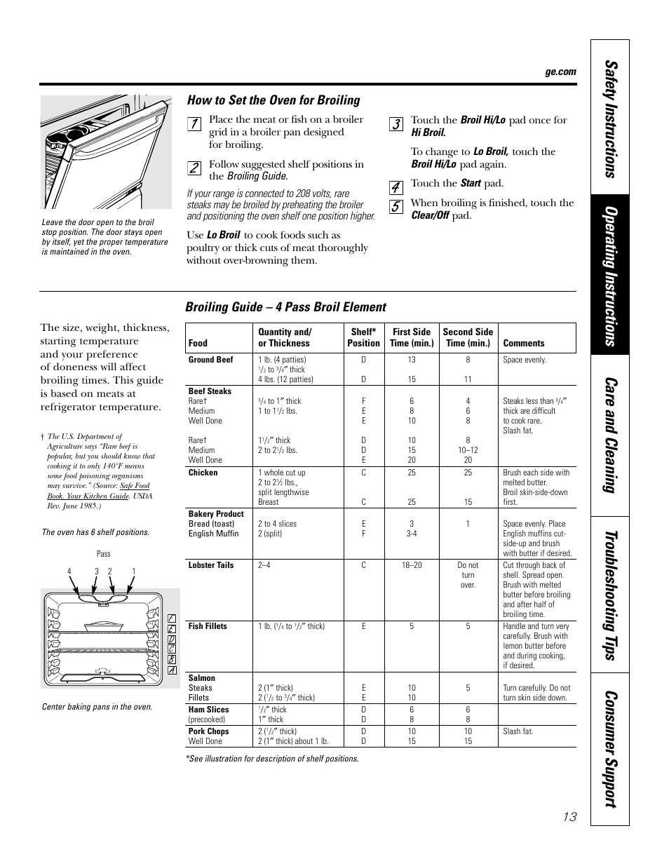 How to set the oven for broiling, Broiling guide – 4 pass broil element | GE EER2001 User Manual | Page 13 / 36