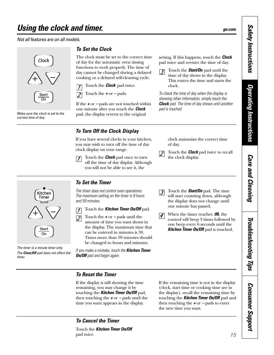 Clock and timer, Using the clock and timer | GE EER2001 User Manual | Page 15 / 36