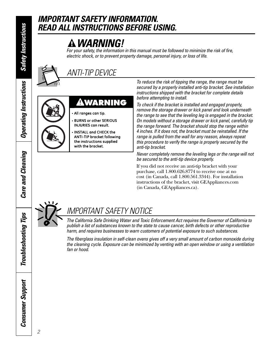 Safety instructions, Warning, Important safety notice | Anti-tip device | GE EER2001 User Manual | Page 2 / 36