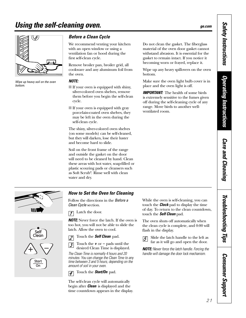 Self-cleaning, Self-cleaning , 22, Using the self-cleaning oven | GE EER2001 User Manual | Page 21 / 36