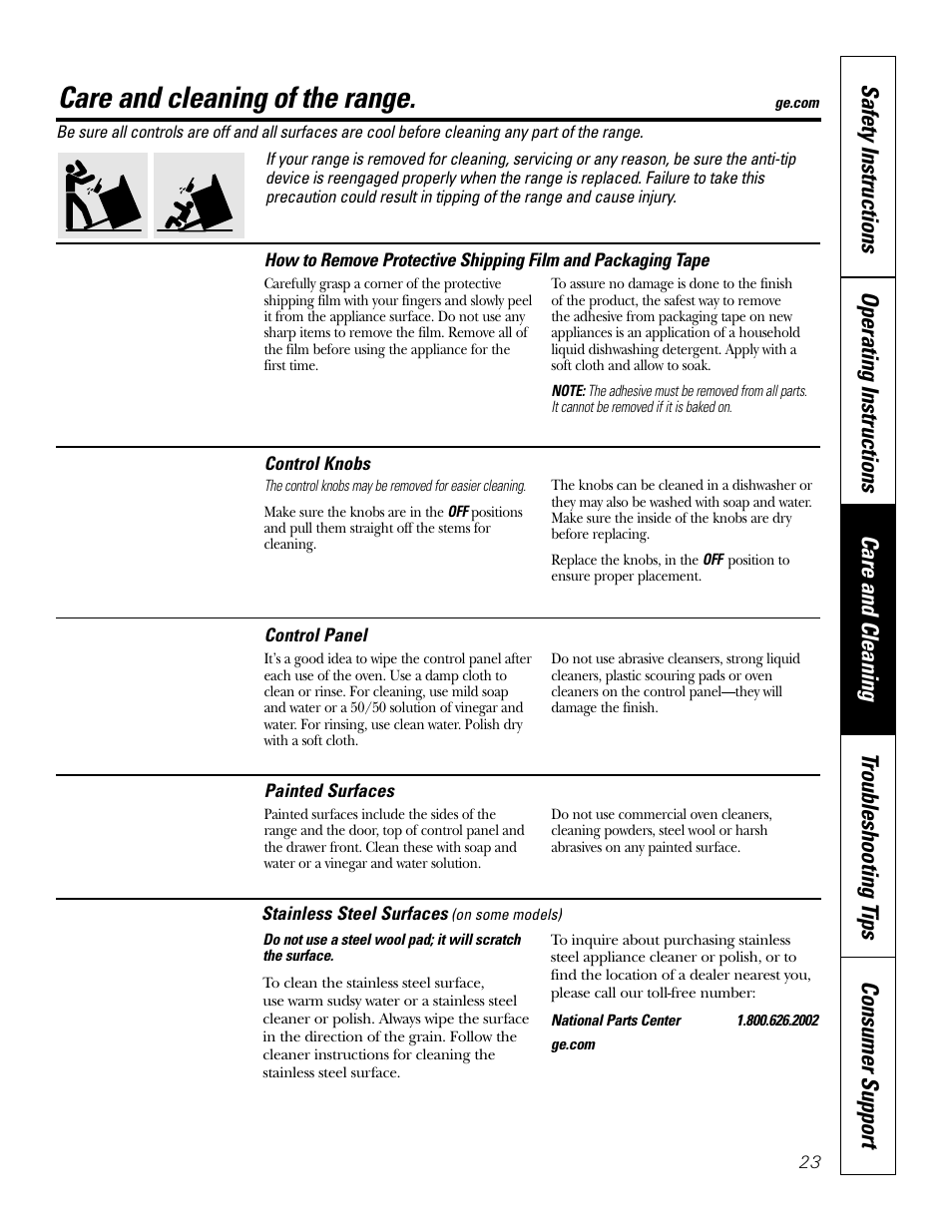 Control knobs, Care and cleaning of the range | GE EER2001 User Manual | Page 23 / 36