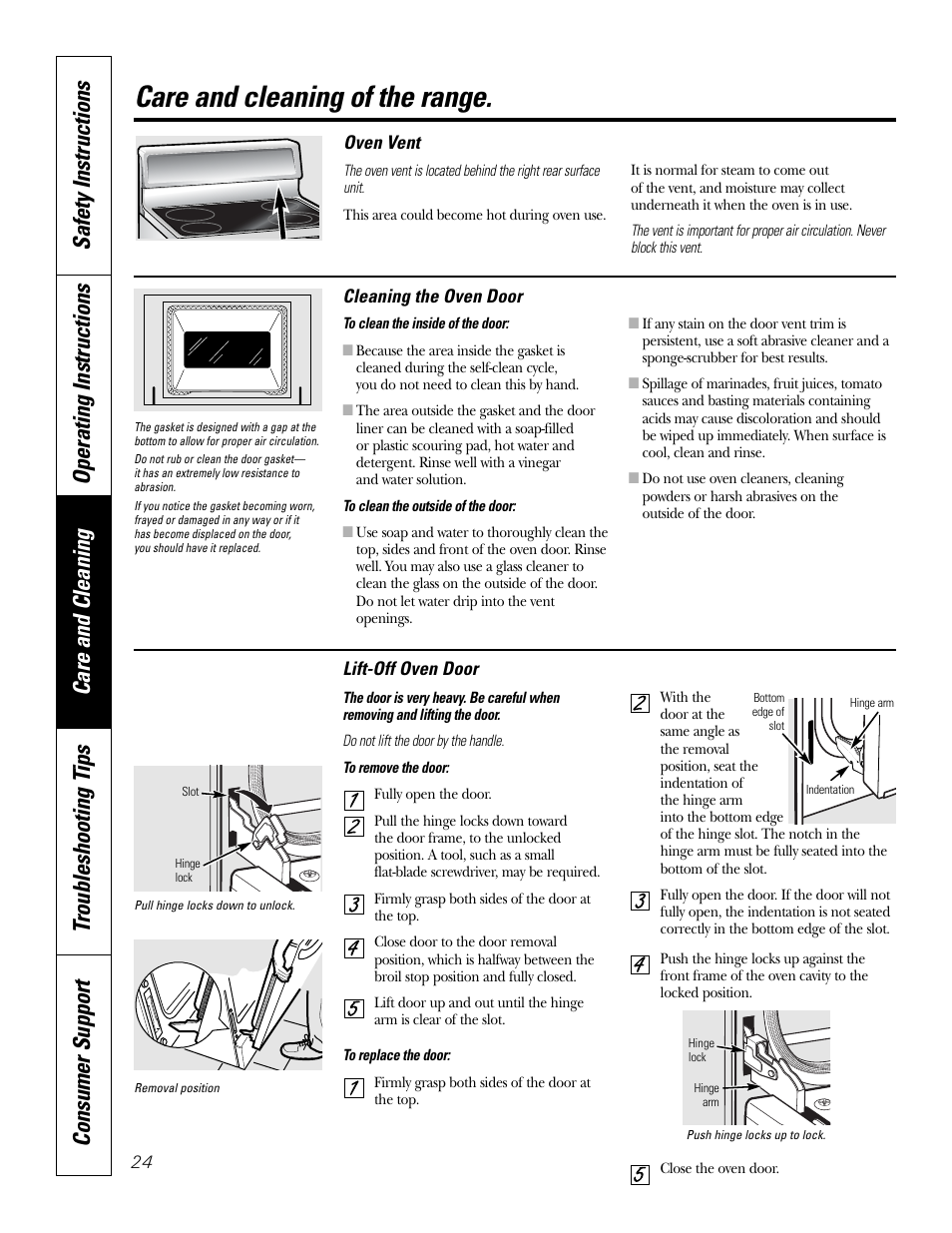 Lift-off oven door, Care and cleaning of the range | GE EER2001 User Manual | Page 24 / 36