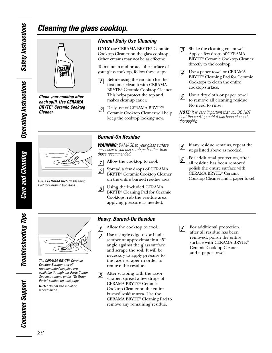 Glass cooktop, Glass cooktop , 27, Cleaning the glass cooktop | Burned-on residue, Heavy, burned-on residue, Normal daily use cleaning | GE EER2001 User Manual | Page 26 / 36