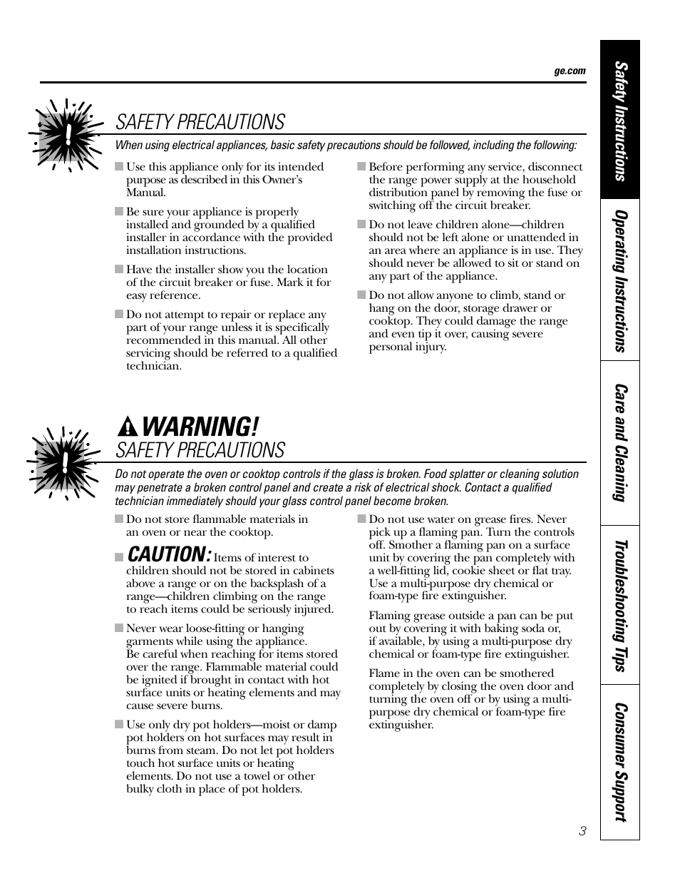 Warning, Safety precautions, Caution | GE EER2001 User Manual | Page 3 / 36