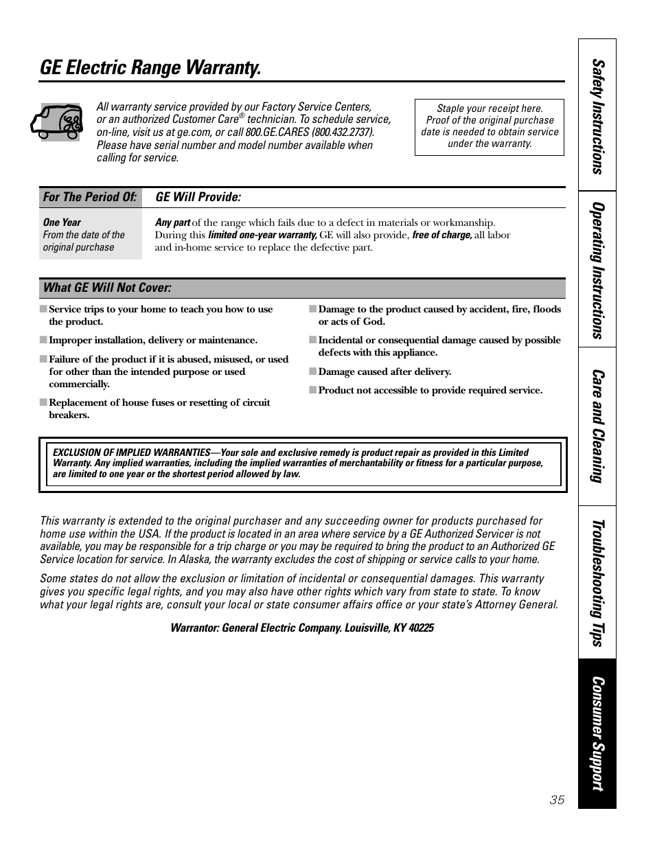 Warranty, Ge electric range warranty | GE EER2001 User Manual | Page 35 / 36