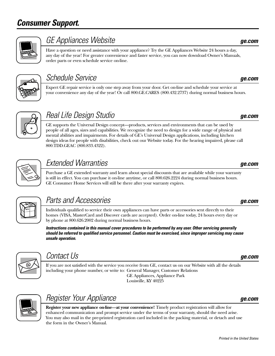 Consumer support, Consumer support . . . . . back cover, Consumer support. ge appliances website | Schedule service, Real life design studio, Extended warranties, Parts and accessories, Contact us, Register your appliance | GE EER2001 User Manual | Page 36 / 36