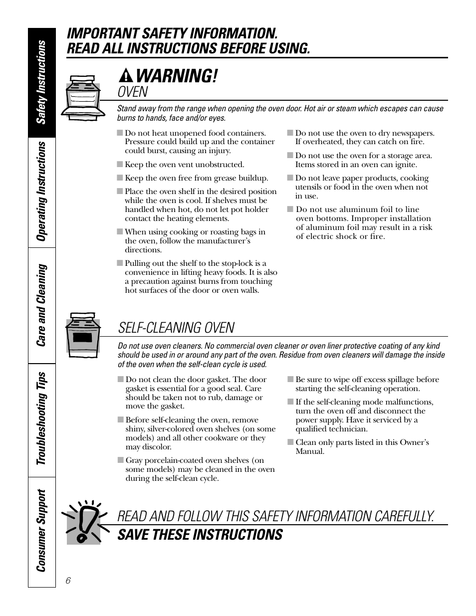 Warning, Self-cleaning oven | GE EER2001 User Manual | Page 6 / 36