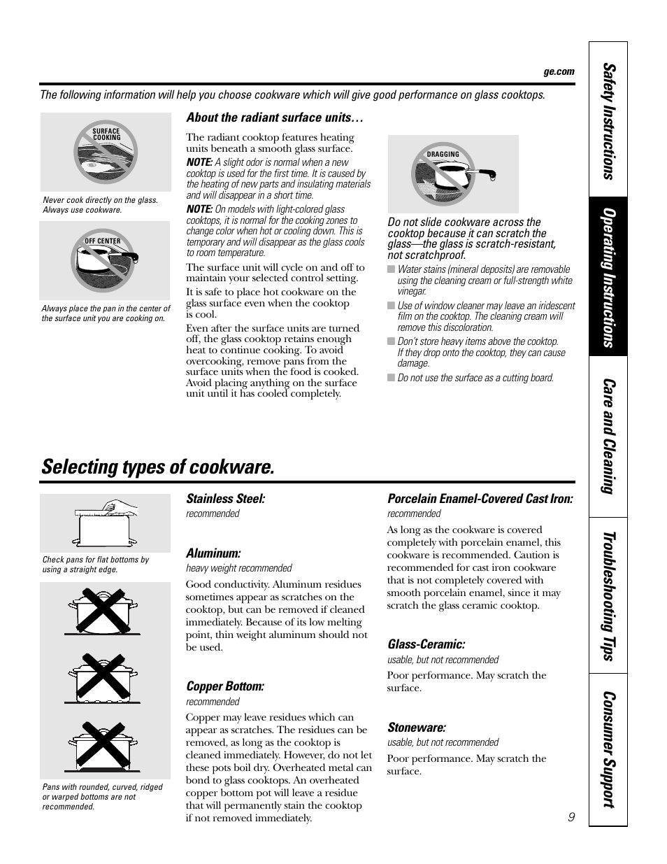 Selecting types of cookware, About the radiant surface units, Stainless steel | Aluminum, Copper bottom, Porcelain enamel-covered cast iron, Glass-ceramic, Stoneware | GE EER2001 User Manual | Page 9 / 36